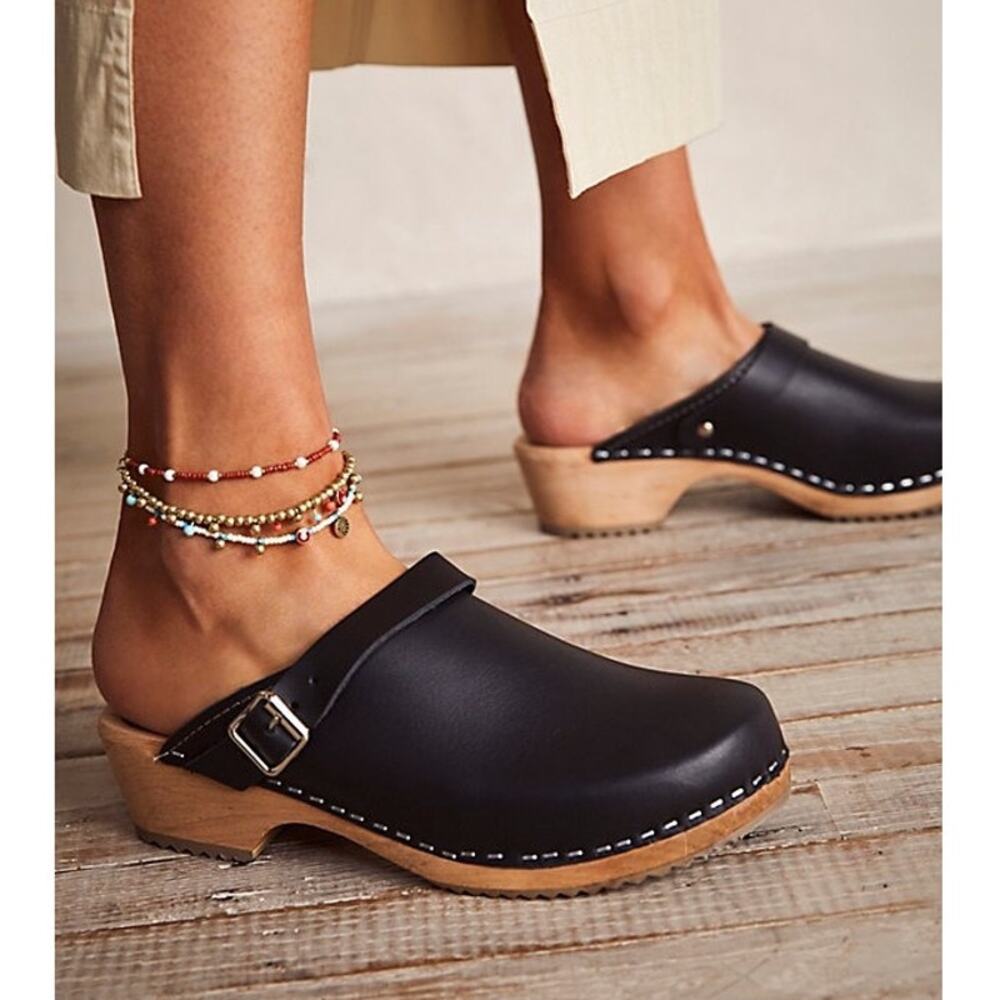 MIA Sweden Alma Clog Wooden Leather Buckle Strap Black Boho Comfort Sz 37 EU
